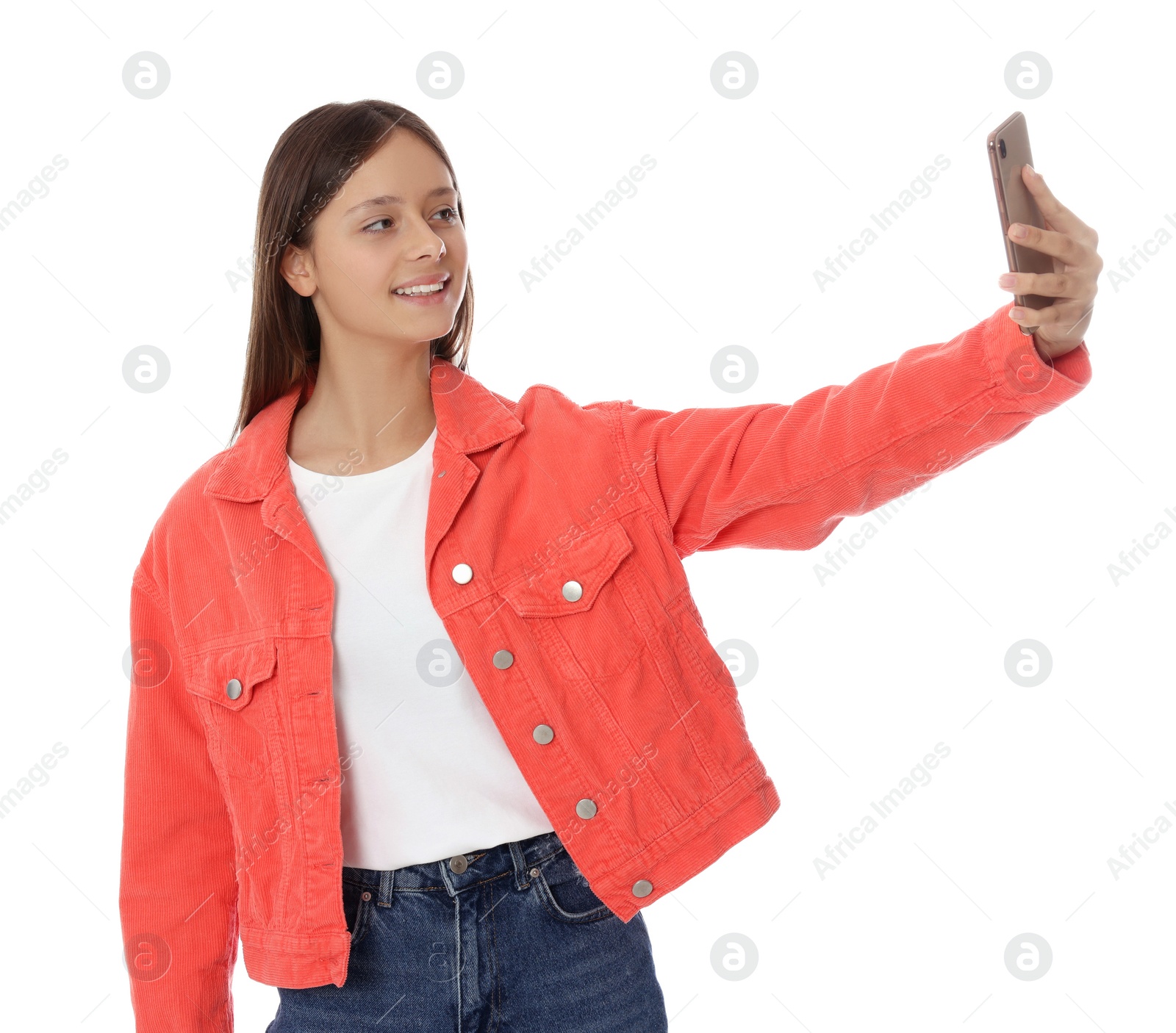 Photo of Teenage girl taking selfie on white background