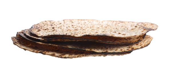 Photo of Tasty matzos on white background. Passover (Pesach) celebration