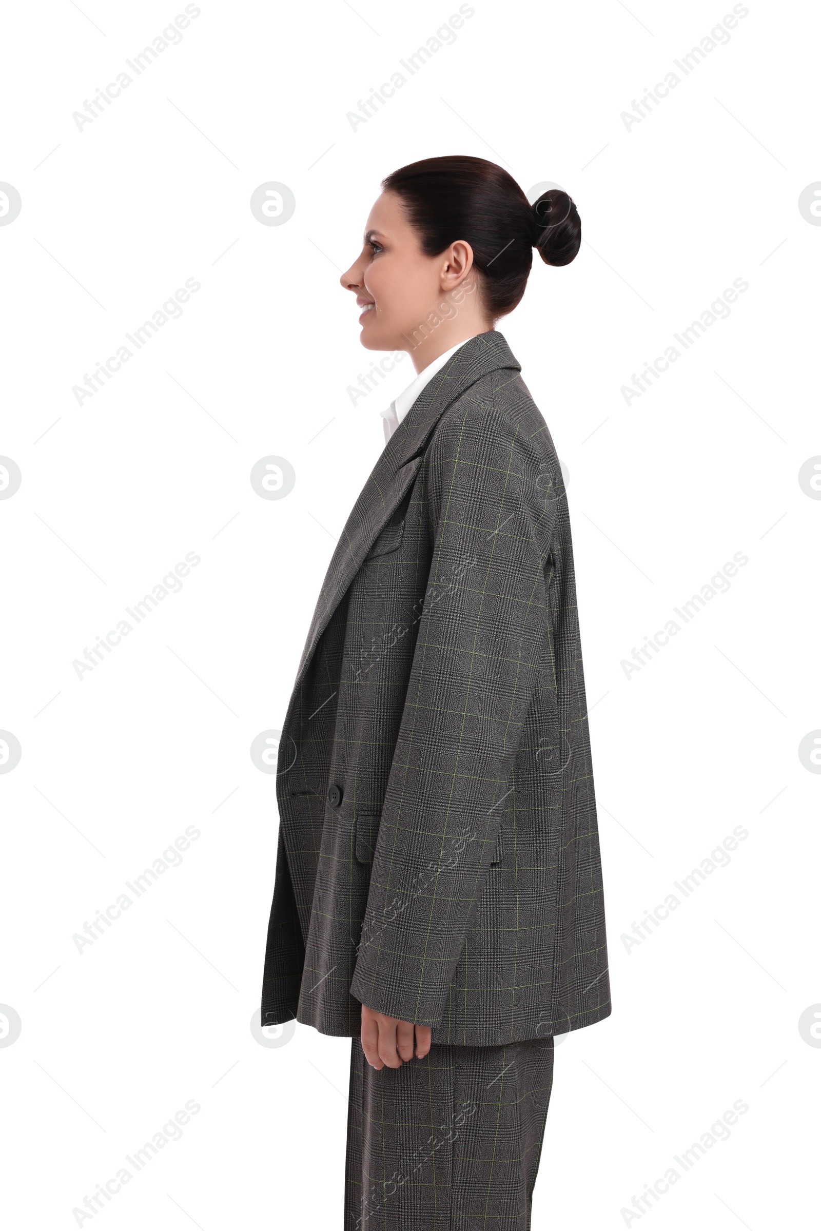 Photo of Beautiful young businesswoman in suit on white background