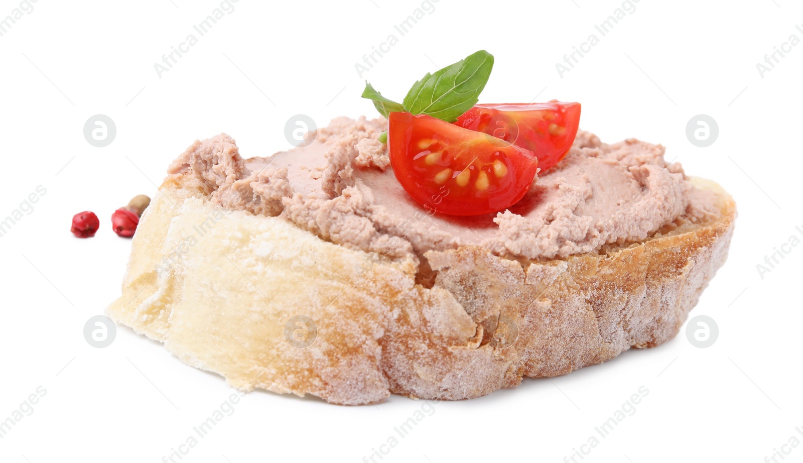 Photo of Delicious liverwurst sandwich with tomatoes and basil on white background