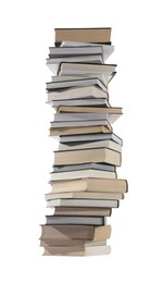 Photo of High stack of many different books isolated on white