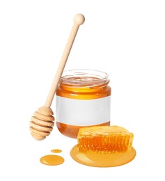 Image of Sweet honey in glass jar with blank label, wooden honey dipper and piece of honeycomb on white background. Mockup for design