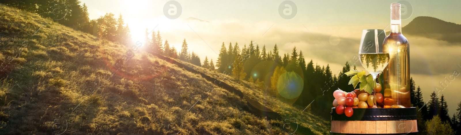 Image of Tasty wine and grapes on barrel against beautiful mountain landscape, space for text. Banner design