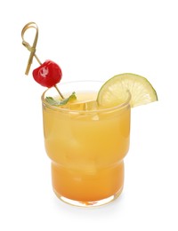 Tasty pineapple cocktail with cherry and lime isolated on white