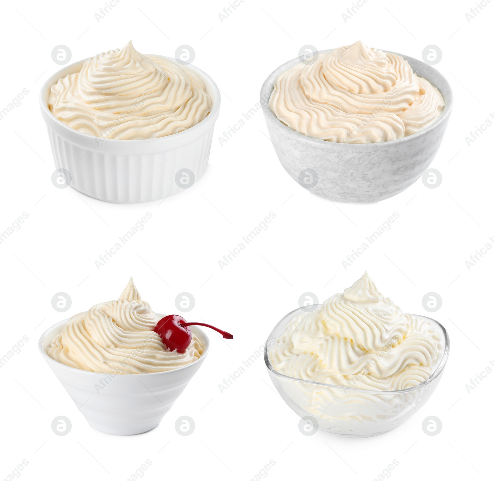 Image of Set with delicious fresh whipped cream on white background