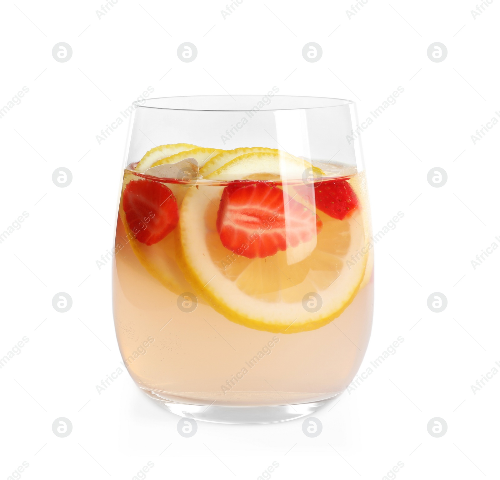 Photo of Natural lemonade with strawberries in glass on white background