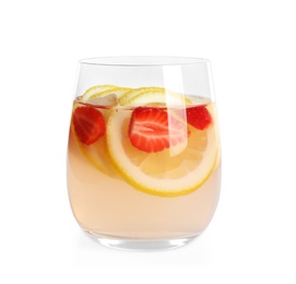 Photo of Natural lemonade with strawberries in glass on white background