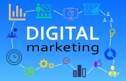 Illustration of Digital marketing strategy. Linked icons on blue background