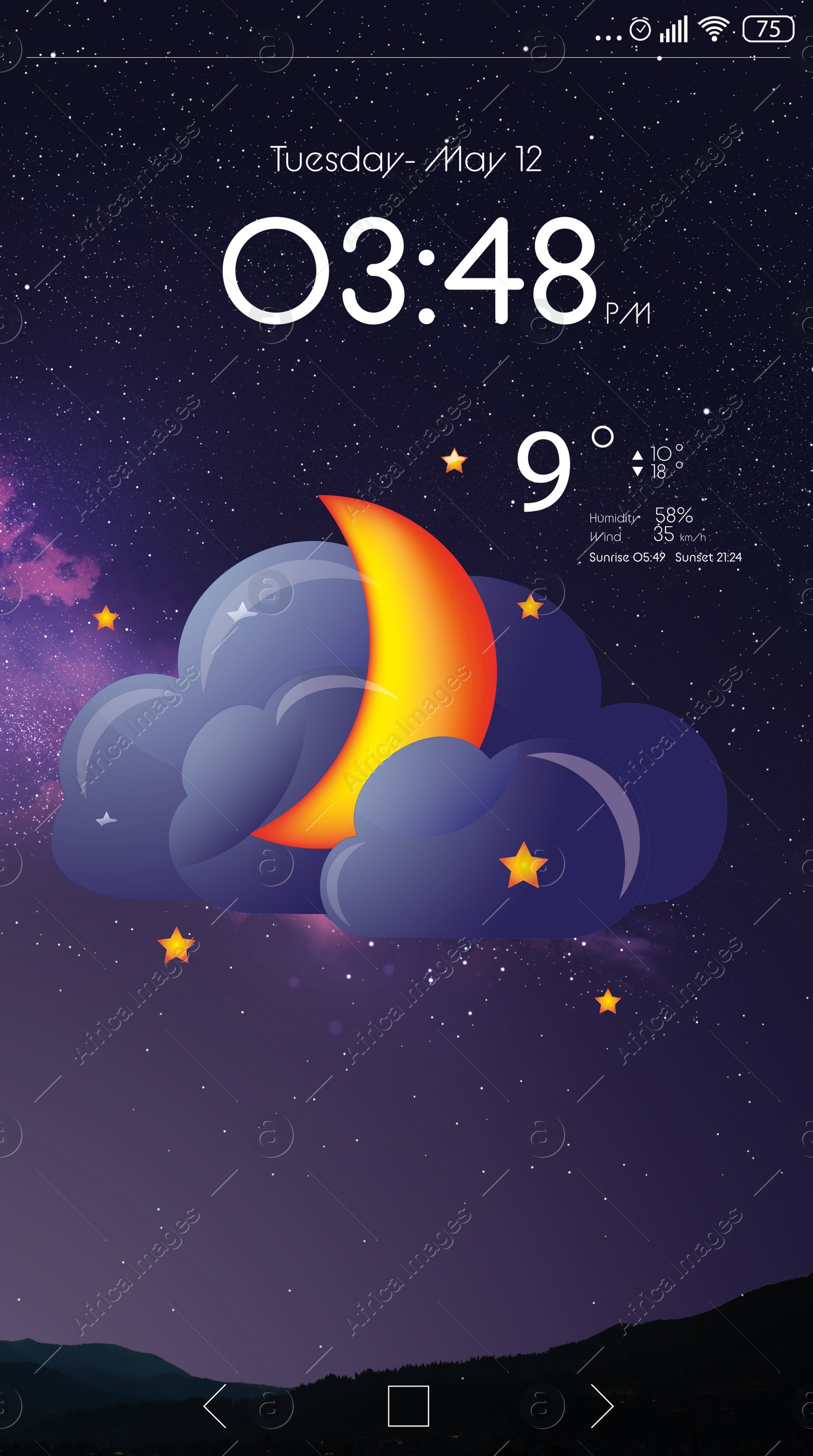 Image of Weather forecast widget on screen. Mobile application