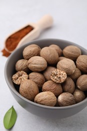 Photo of Nutmegs in bowl and scoop with powder on light table, closeup