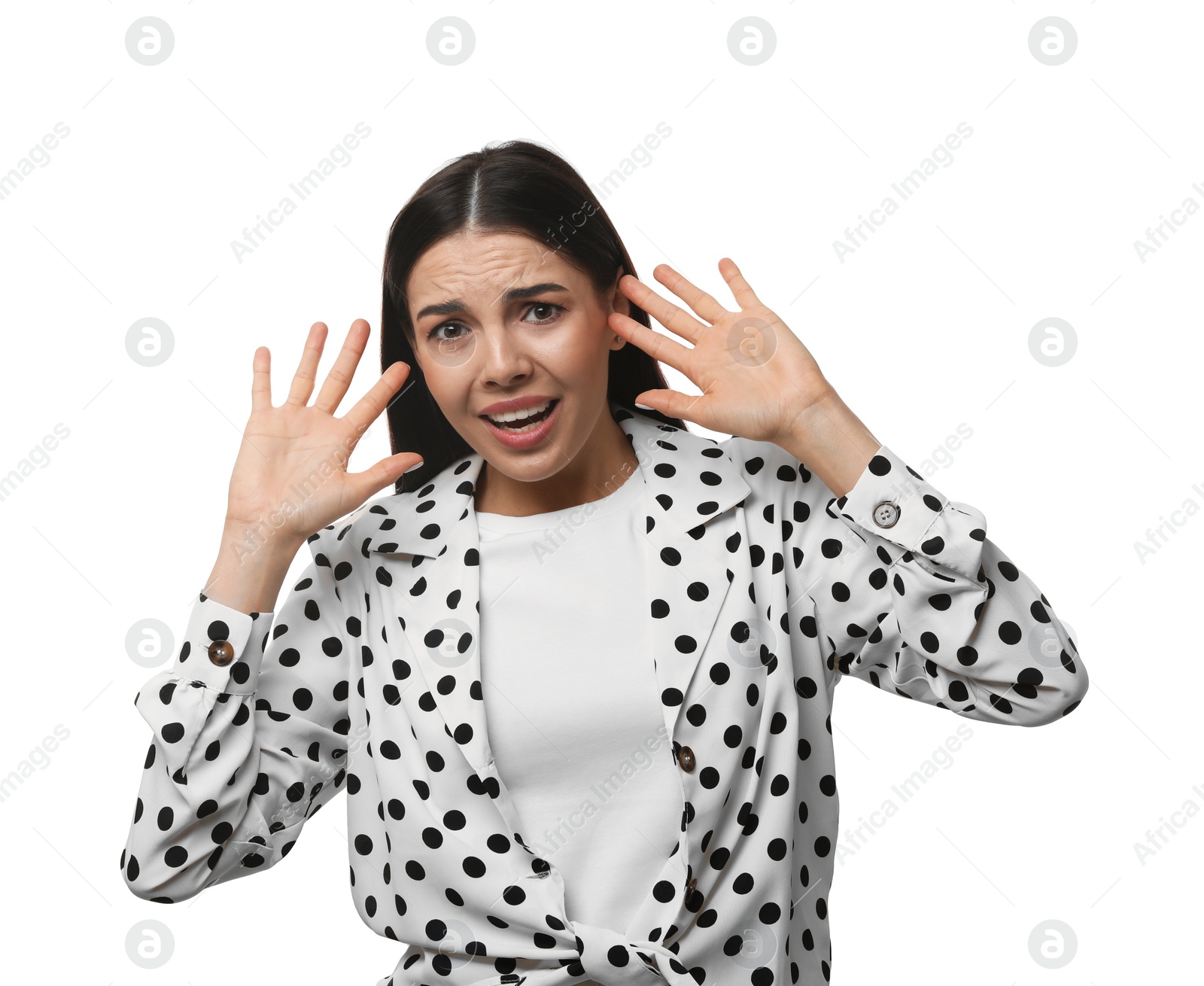 Photo of Young woman feeling fear on white background