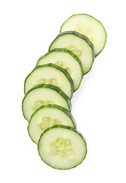 Photo of Slices of fresh cucumber isolated on white, top view