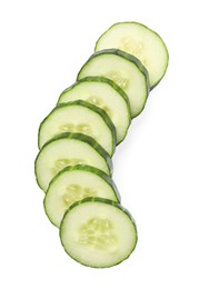 Slices of fresh cucumber isolated on white, top view