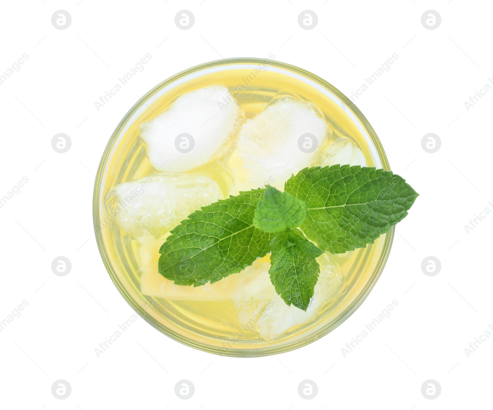 Photo of Delicious pineapple lemonade made with soda water and mint isolated on white, top view