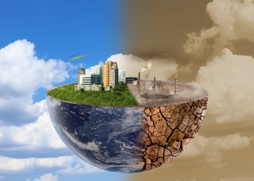 Environmental pollution. Collage divided into clean and contaminated Earth against sky. Halved globe with buildings and green grass on one side and cracked soil with factories on the other