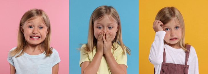 Image of Collage with photos of embarrassed little girl on different color backgrounds