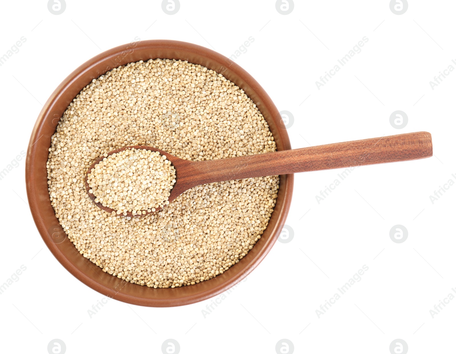 Photo of Bowl and spoon with quinoa on white background, top view