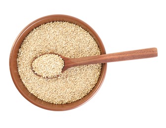 Bowl and spoon with quinoa on white background, top view