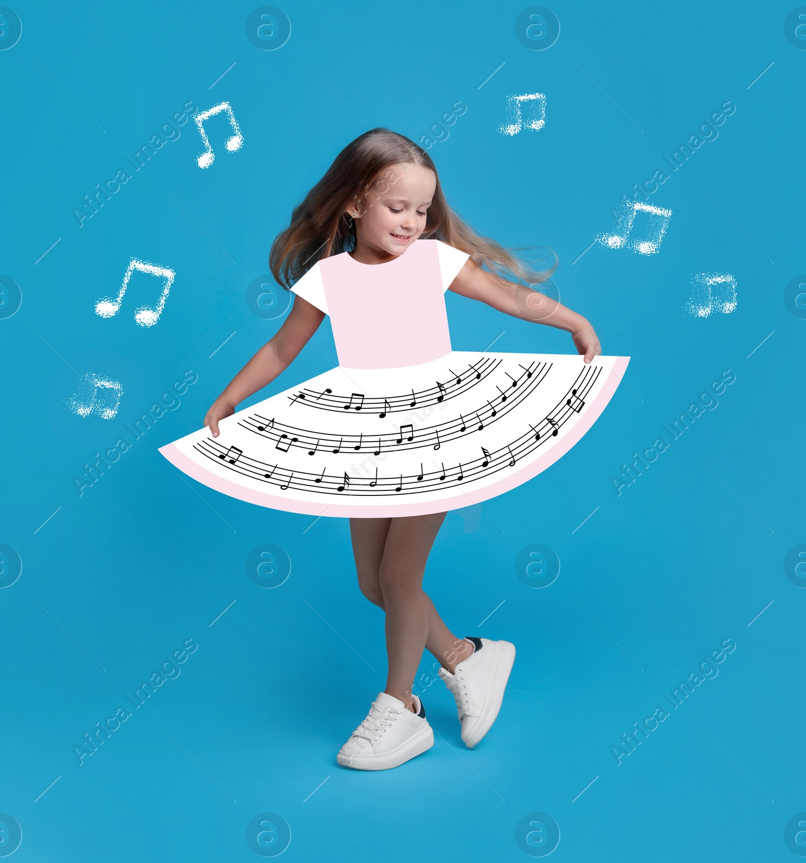 Image of Cute little girl in beautiful dress with musical notes dancing on light blue background. Bright creative collage design