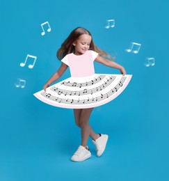 Image of Cute little girl in beautiful dress with musical notes dancing on light blue background. Bright creative collage design