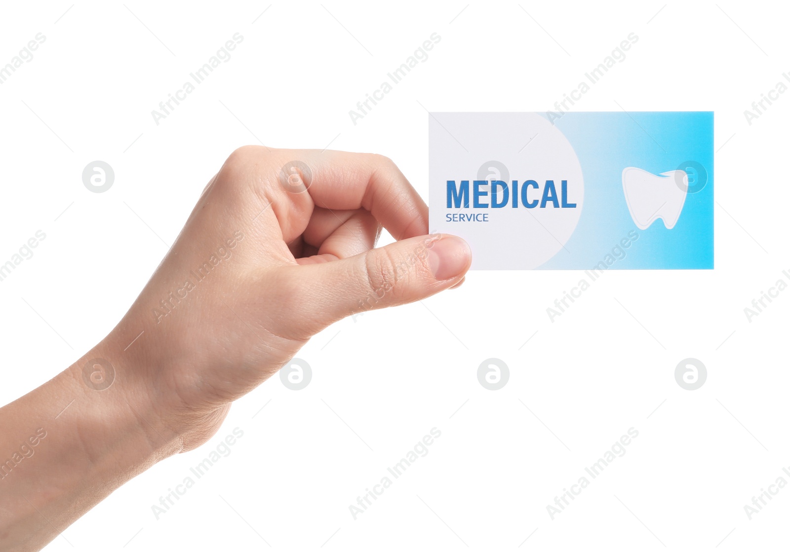 Photo of Woman holding business card isolated on white, closeup. Dental medical service