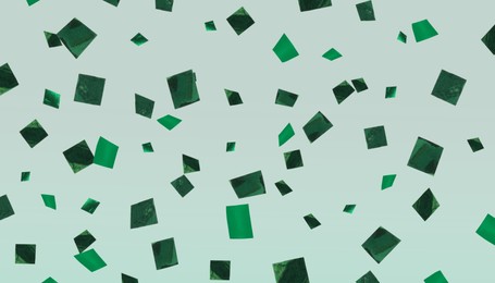 Image of Shiny green confetti falling on color background. Banner design