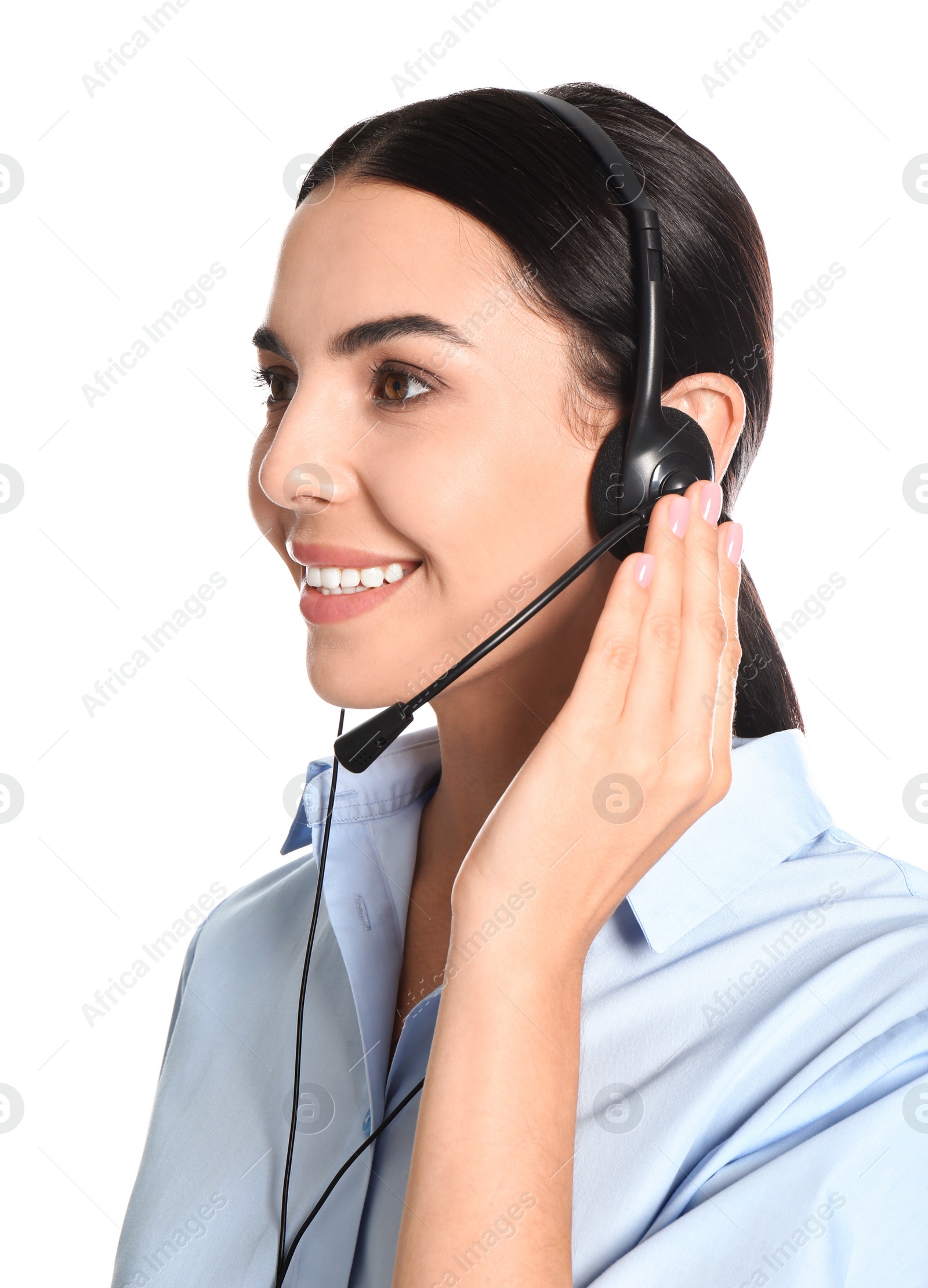 Photo of Beautiful young consulting manager with headset on white background