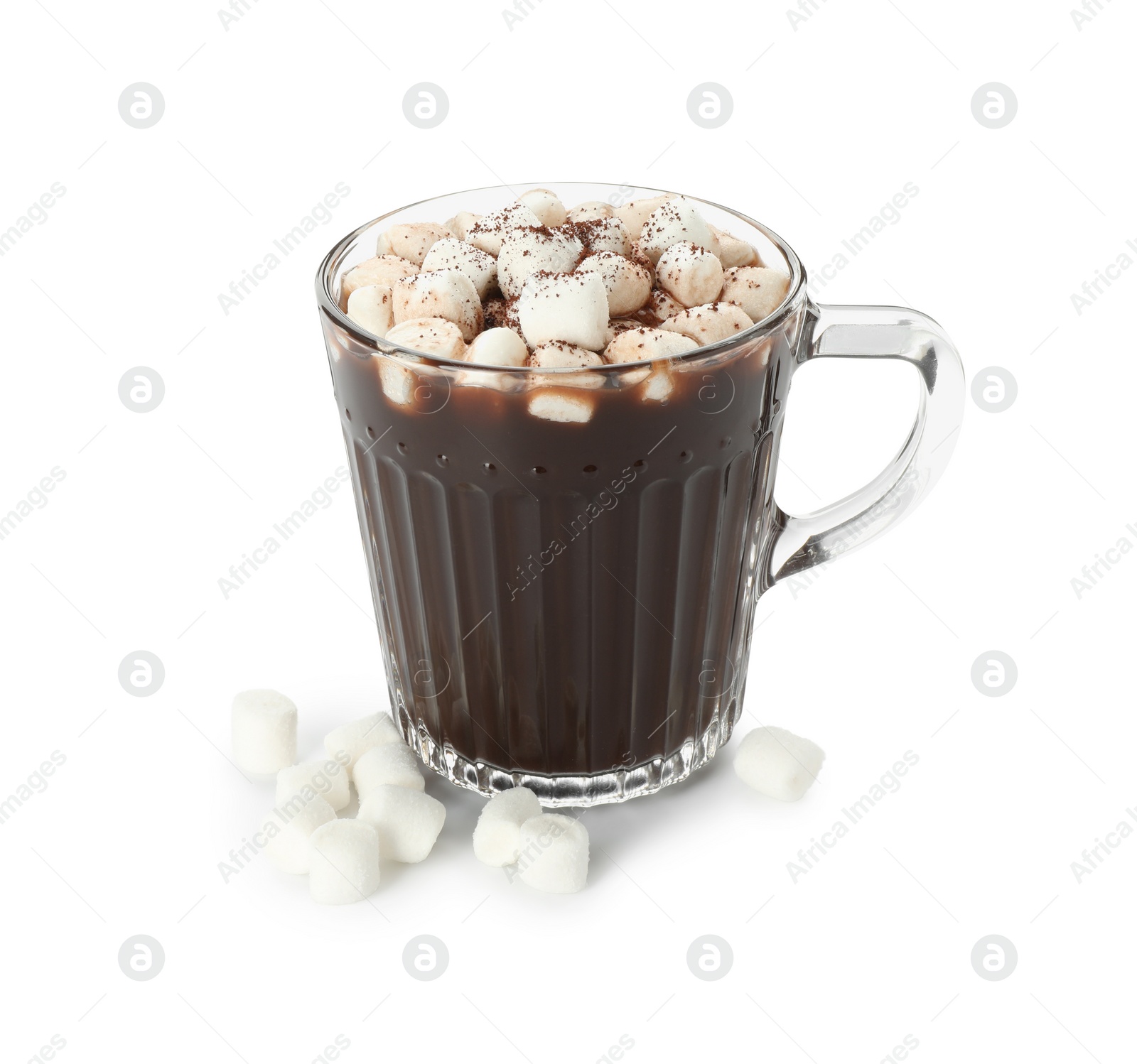 Photo of Cup of aromatic hot chocolate with marshmallows and cocoa powder isolated on white