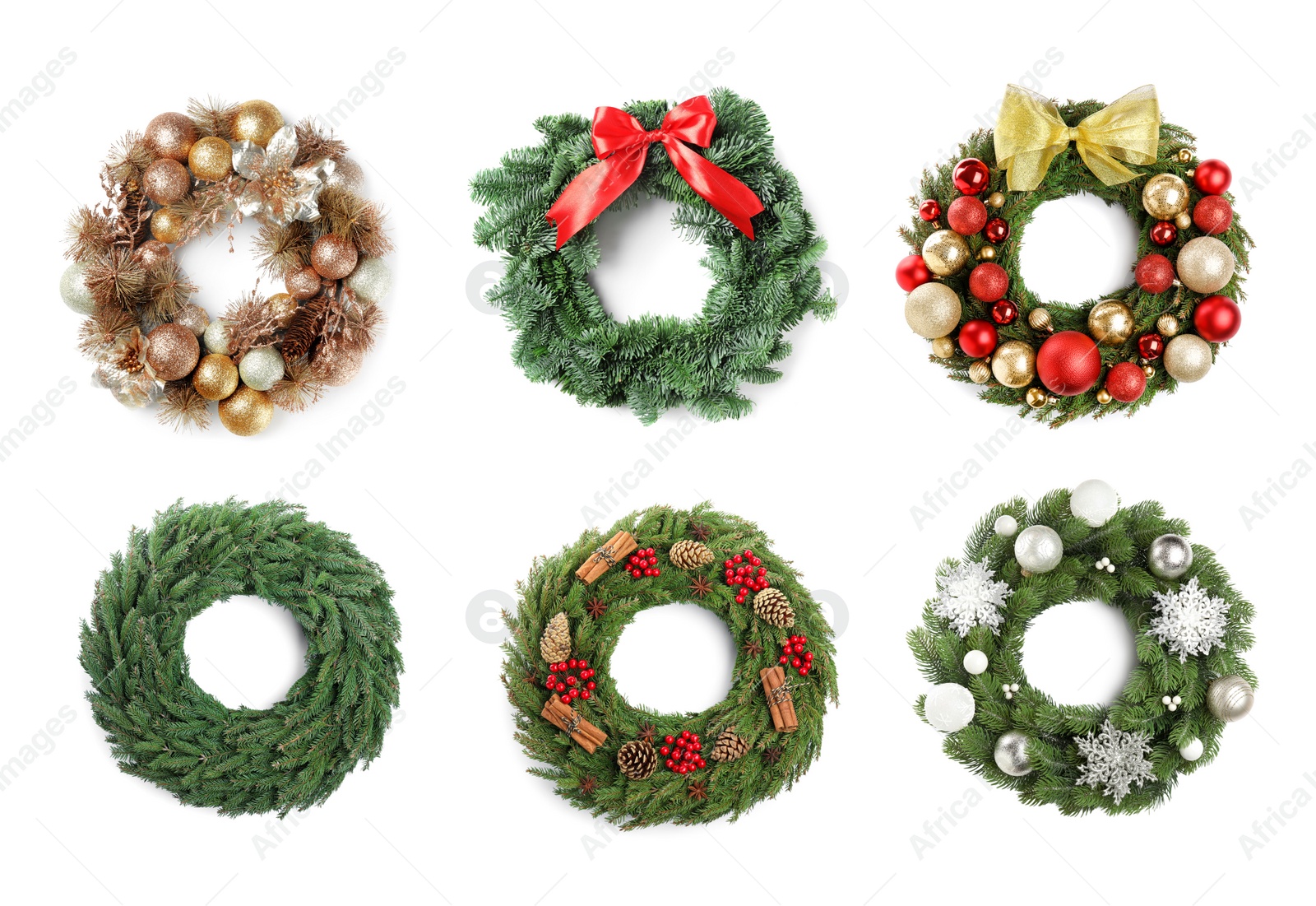 Image of Set with beautiful Christmas wreaths on white background 