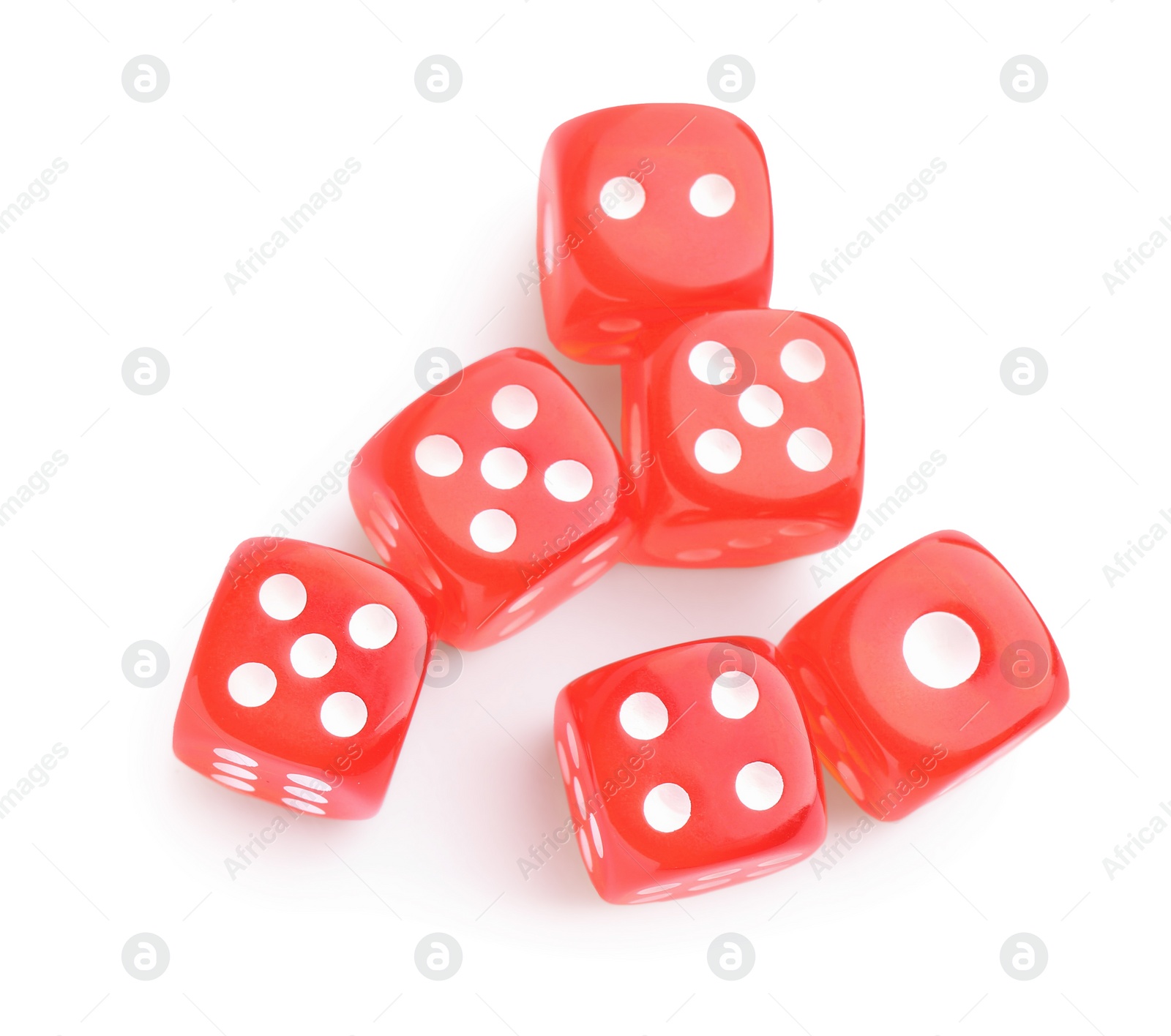 Photo of Many red game dices isolated on white, top view