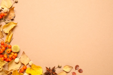 Photo of Flat lay composition with autumn leaves on beige background, space for text