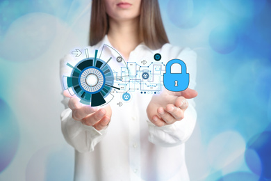 Image of Cyber crime protection. Businesswoman demonstrating digital lock symbol, closeup