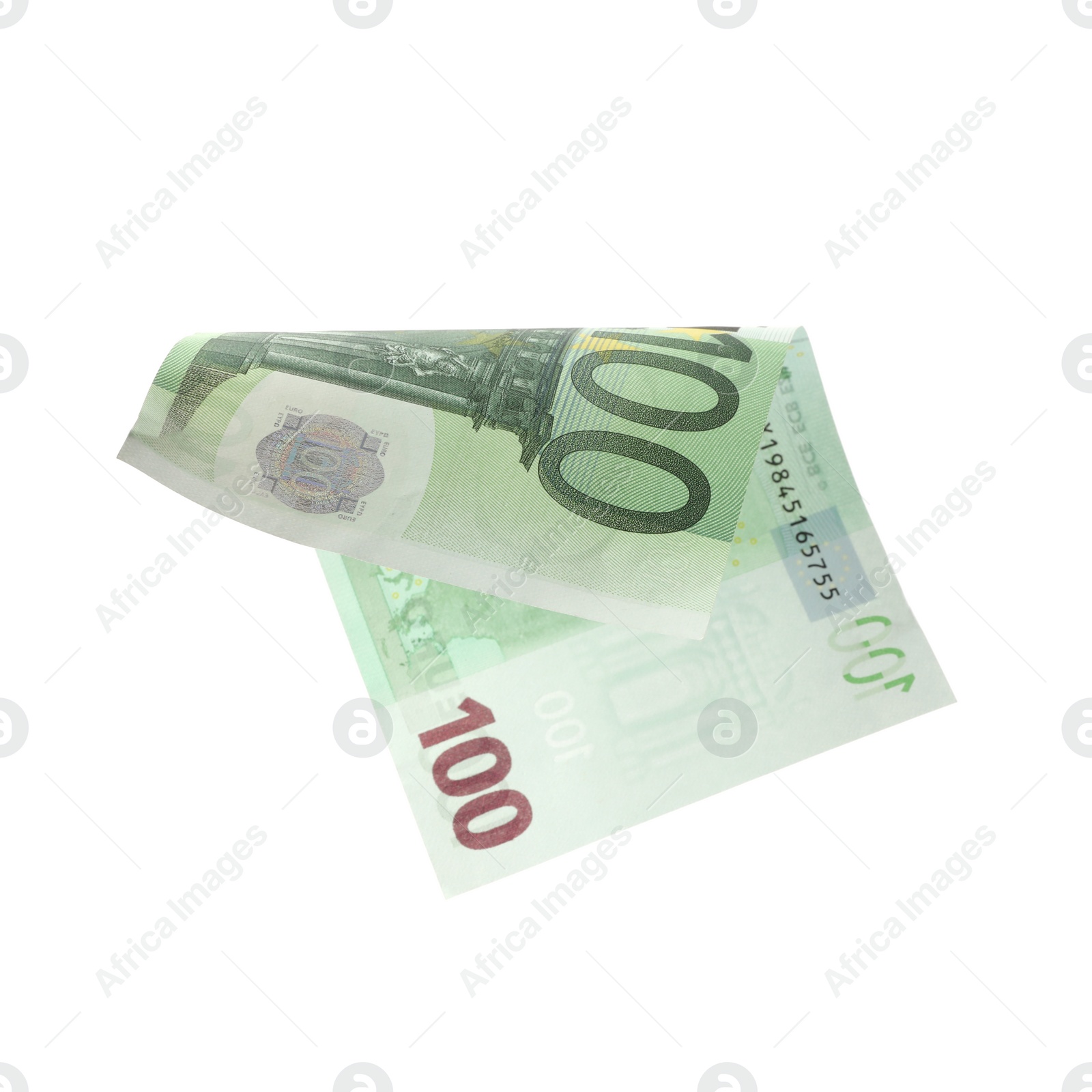 Photo of Flying one hundred Euro banknote isolated on white