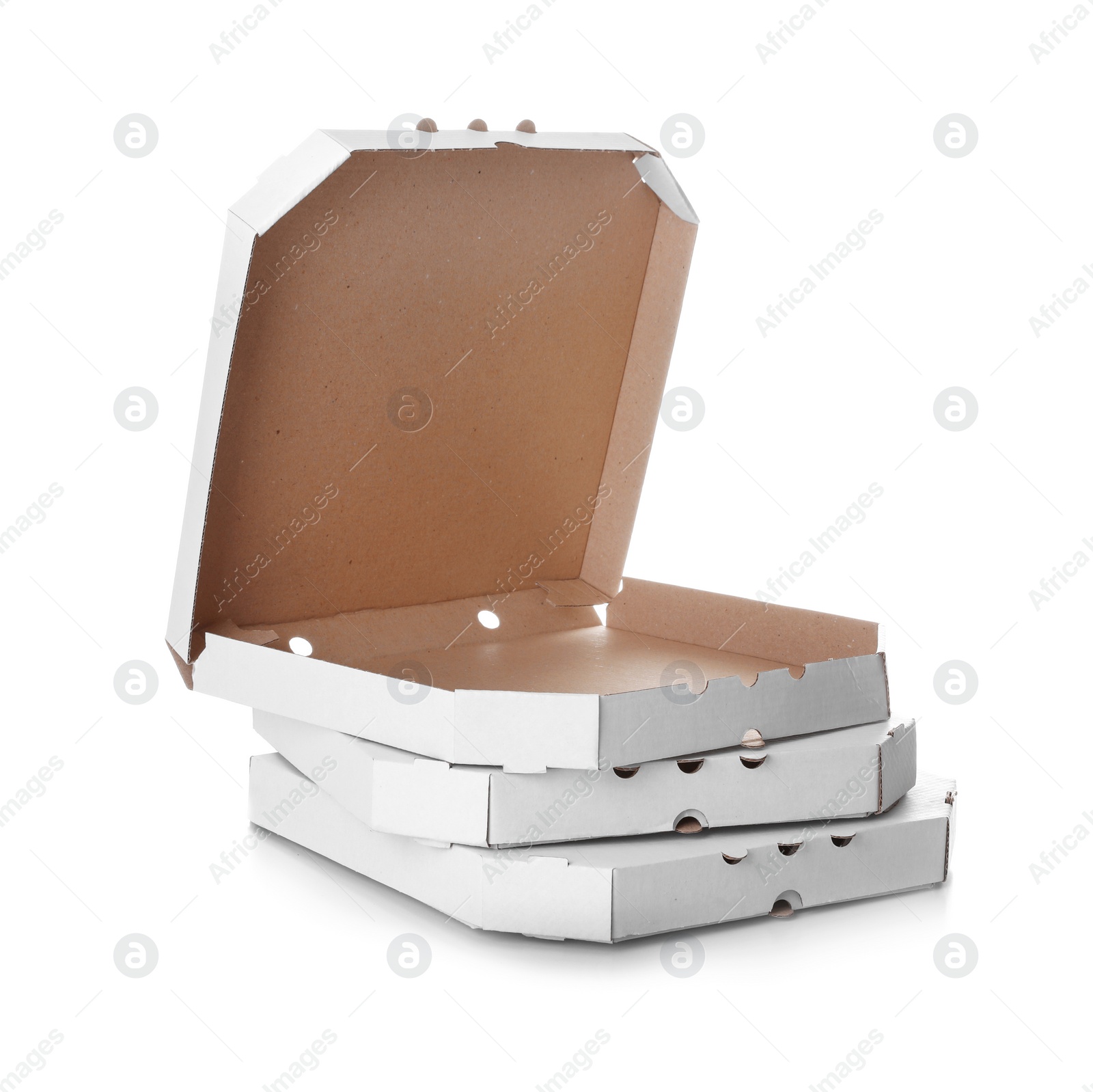 Photo of Stack of cardboard pizza boxes on white background