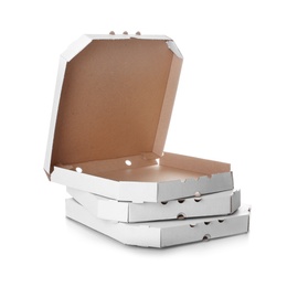 Photo of Stack of cardboard pizza boxes on white background