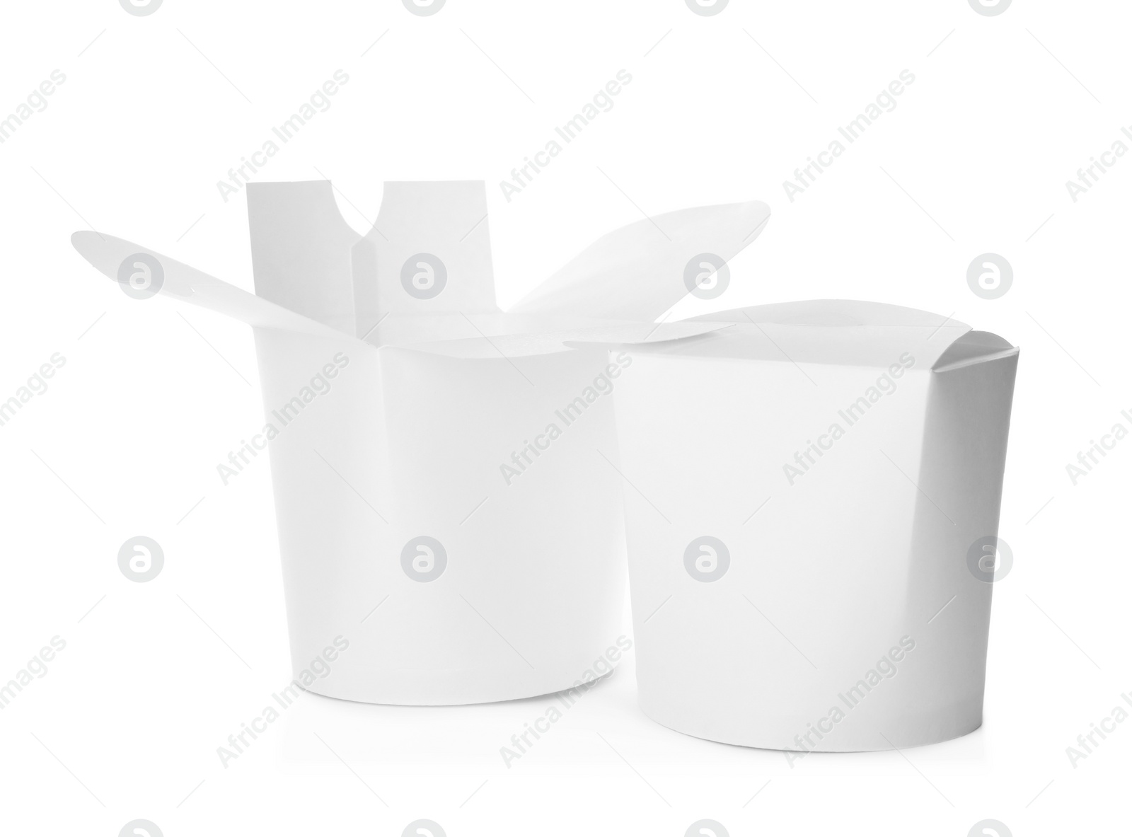 Photo of Takeaway paper boxes on white background. Mockup for design