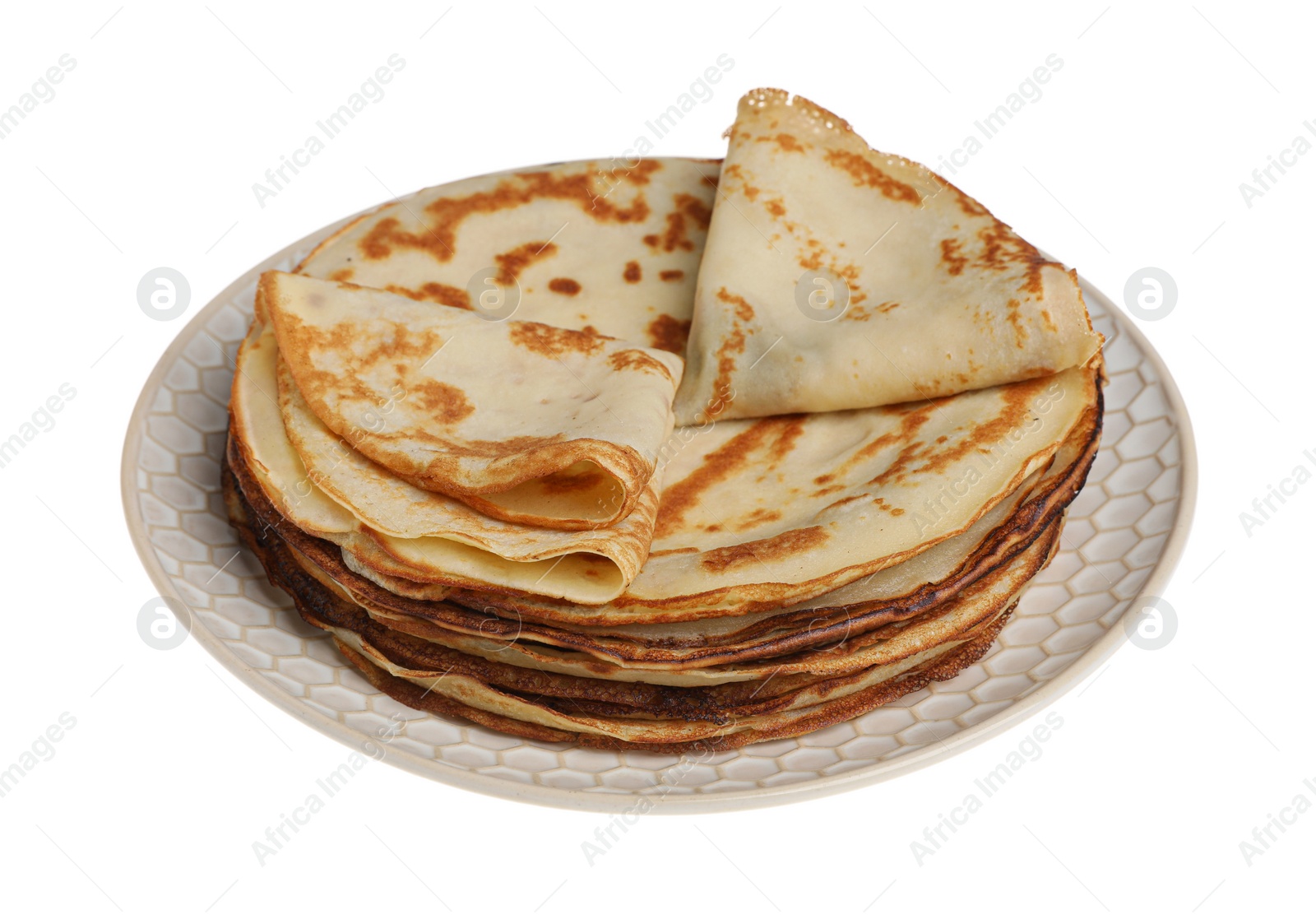 Photo of Stack of delicious crepes on plate against white background