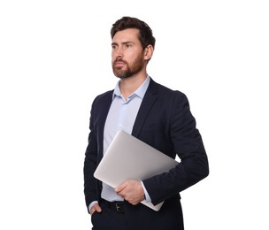 Portrait of serious man with laptop on white background. Lawyer, businessman, accountant or manager