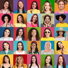 Image of Collage with portraitshappy women on different color backgrounds