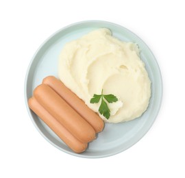 Delicious boiled sausages, mashed potato and parsley isolated on white, top view