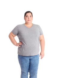 Overweight woman before weight loss on white background