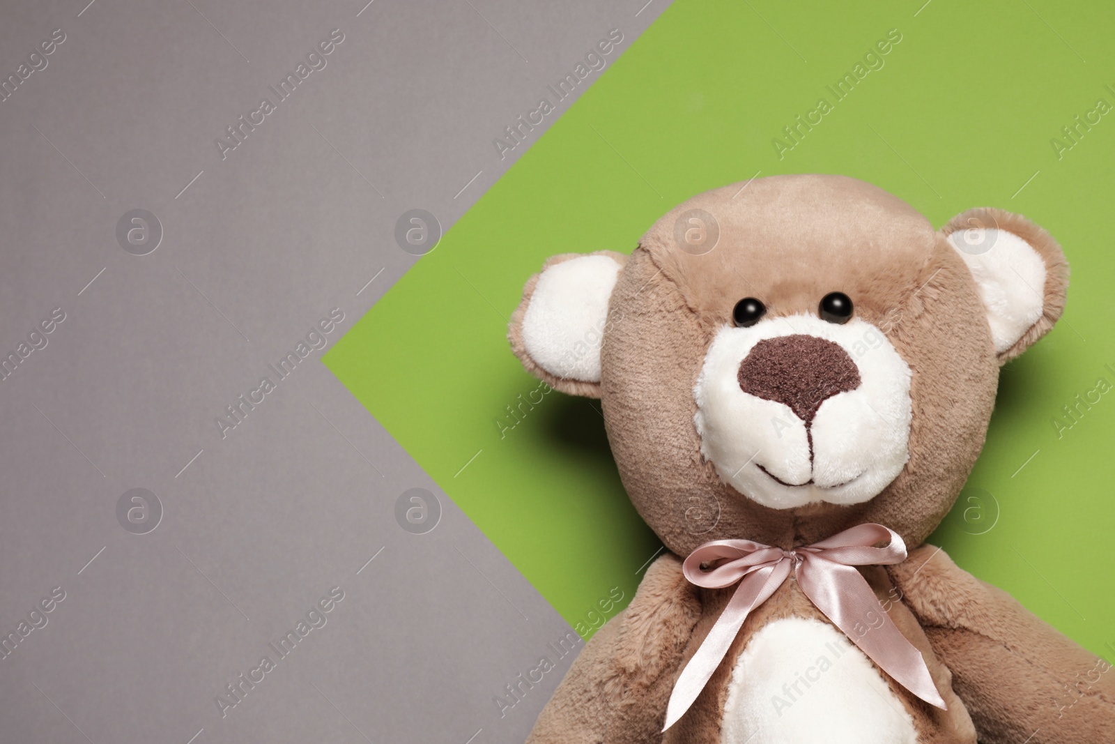 Photo of Cute teddy bear on color background, top view. Space for text