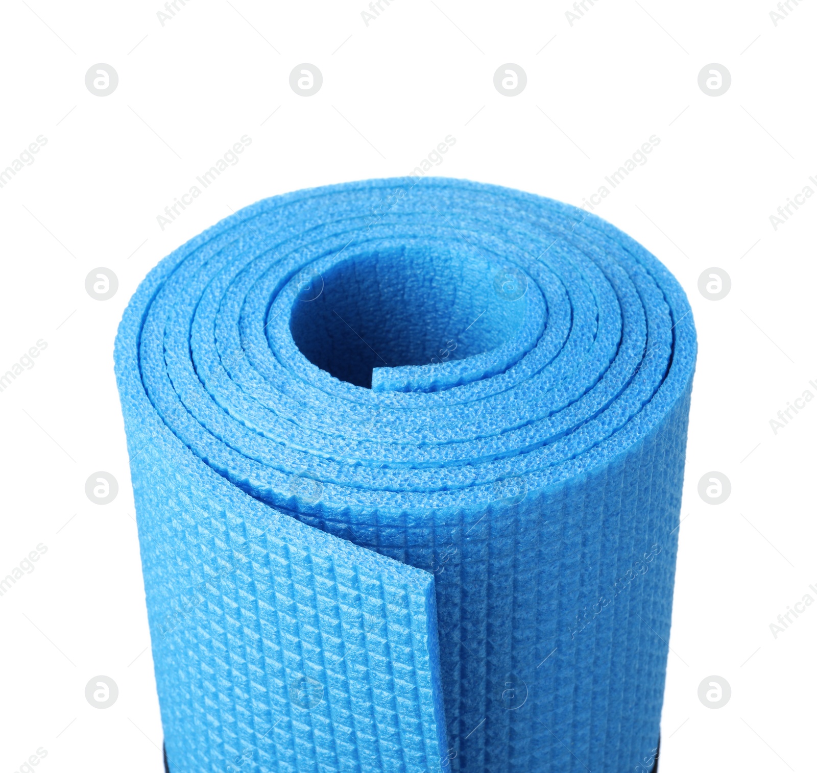 Photo of Rolled camping mat on white background, closeup