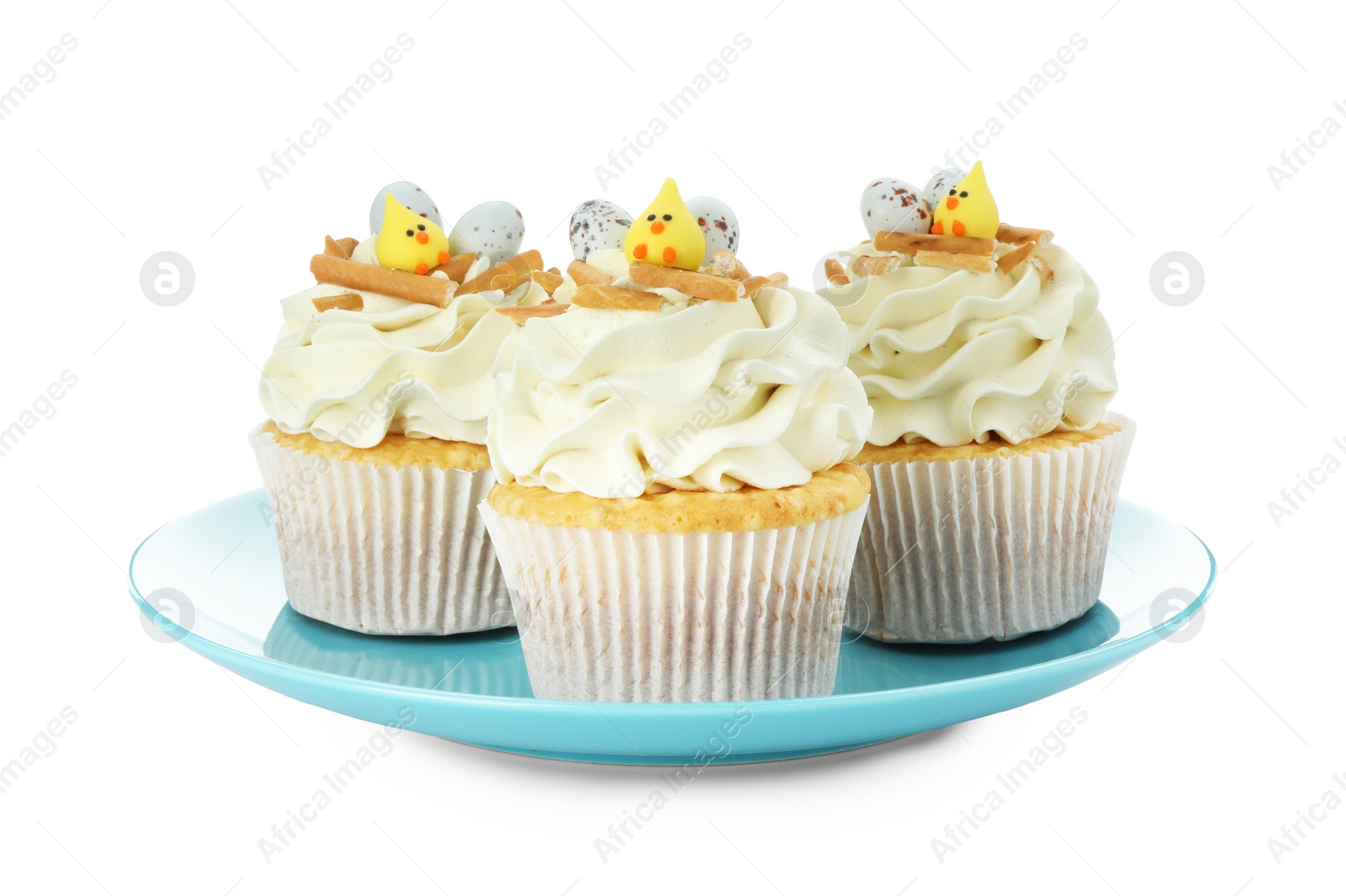 Photo of Tasty Easter cupcakes with vanilla cream isolated on white