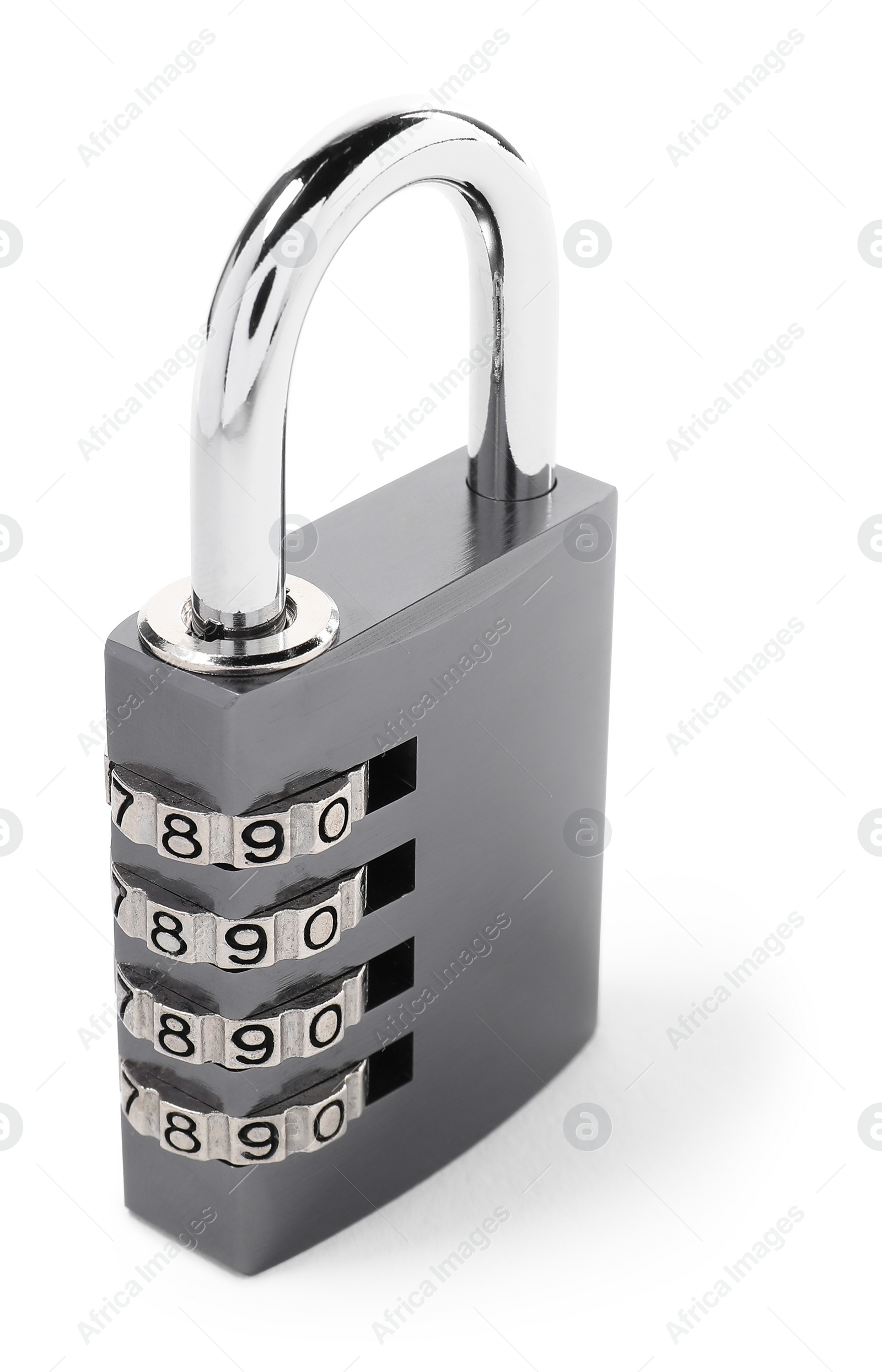 Photo of Locked steel combination padlock isolated on white