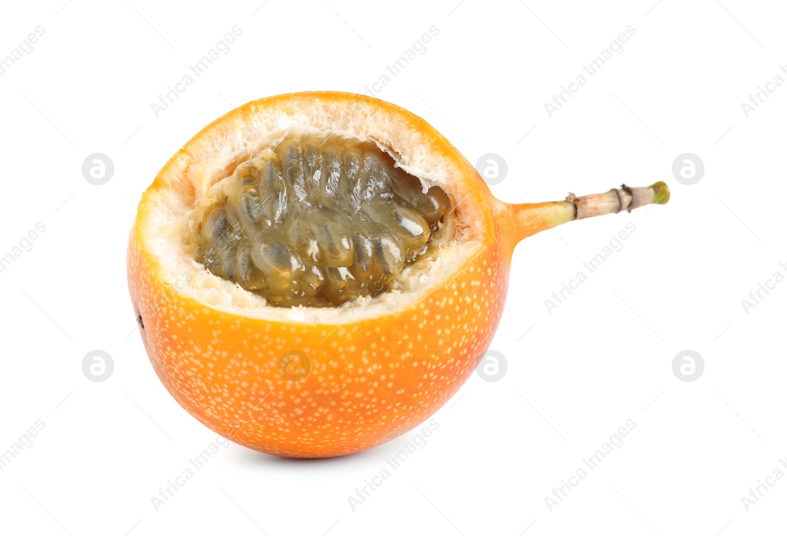 Photo of Cut delicious granadilla isolated on white. Exotic fruit