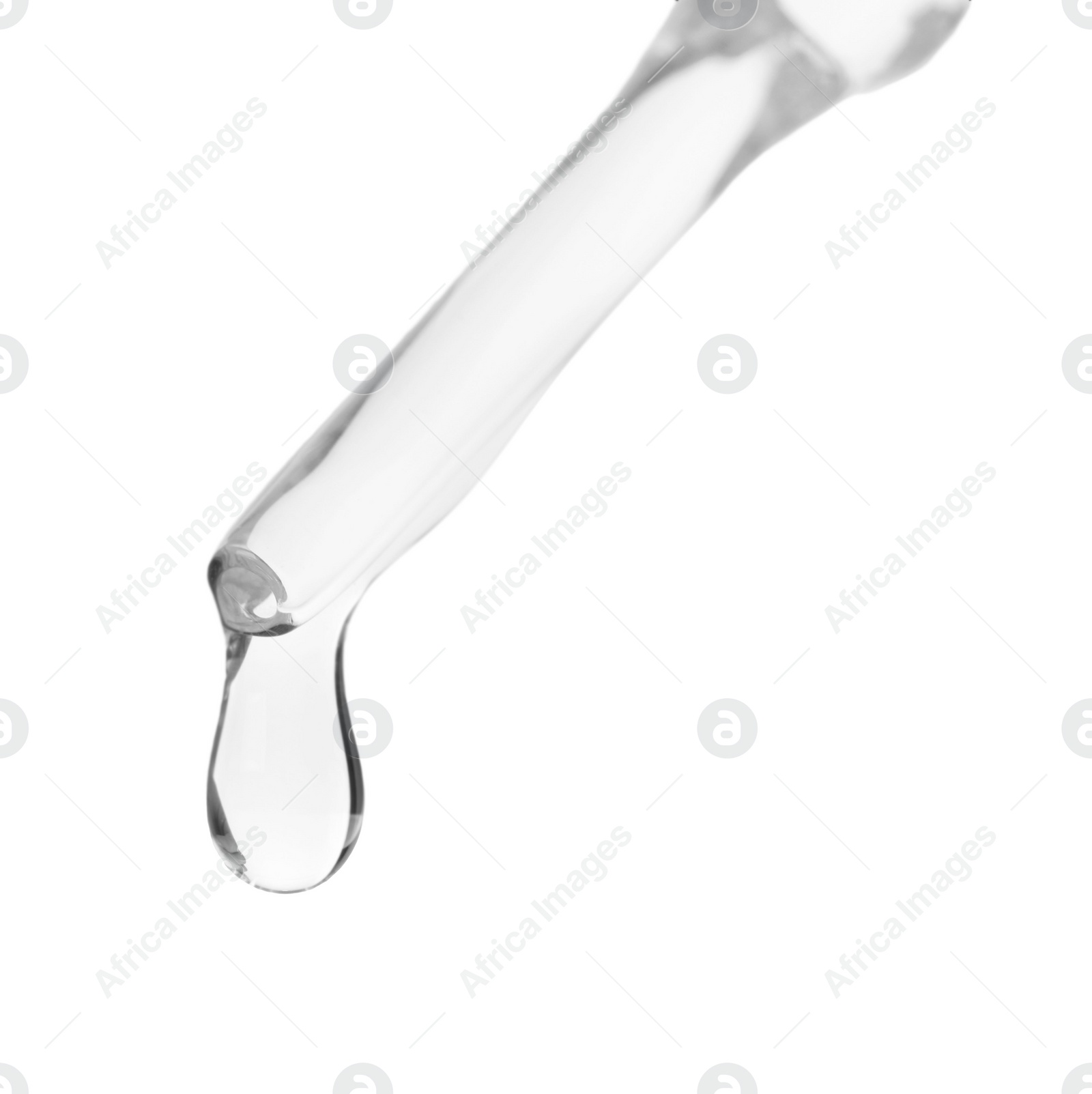 Photo of Dripping liquid from pipette isolated on white, closeup