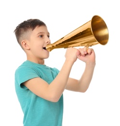 Cute little boy with megaphone on white background