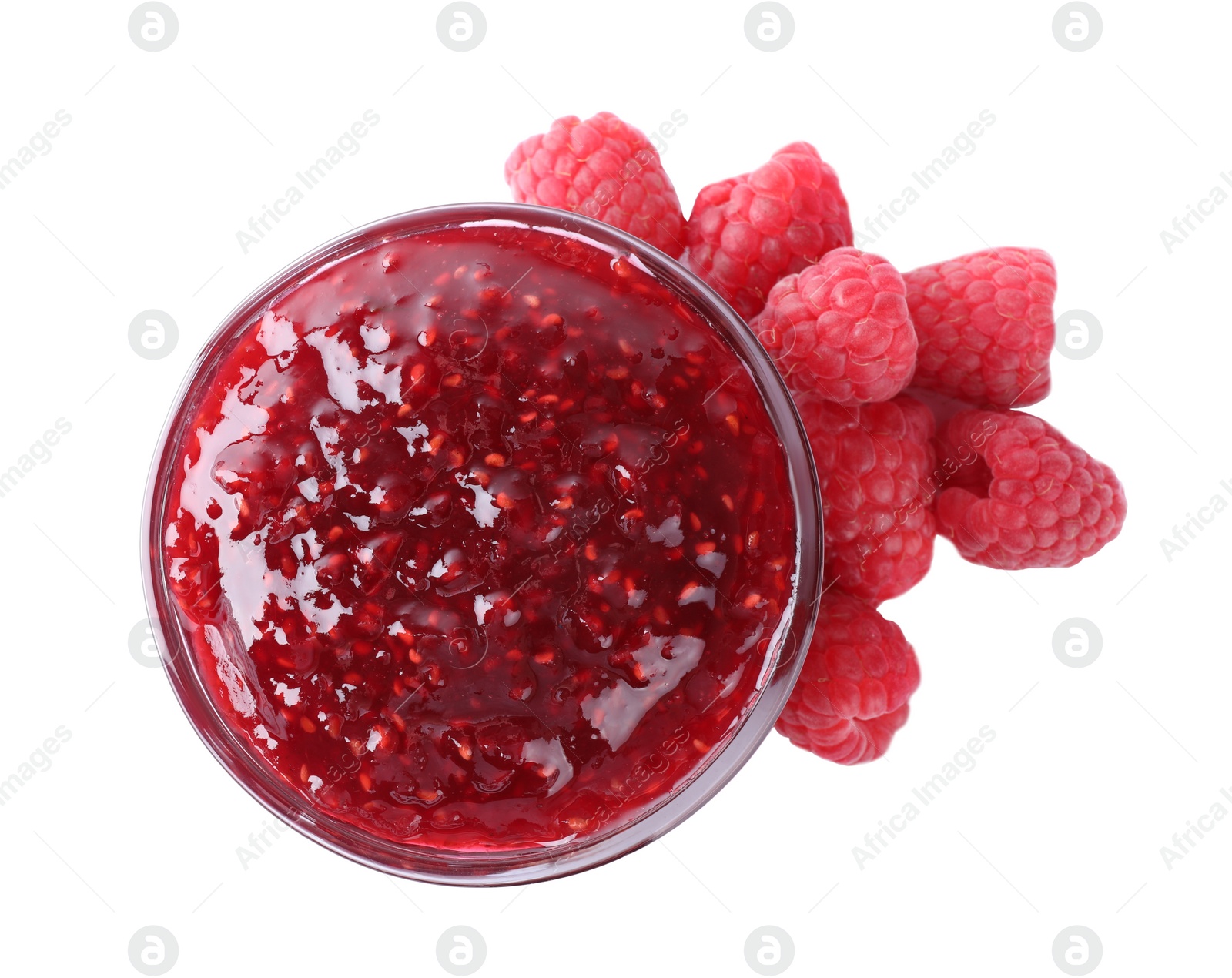 Photo of Delicious jam and fresh raspberries isolated on white, top view