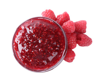 Photo of Delicious jam and fresh raspberries isolated on white, top view